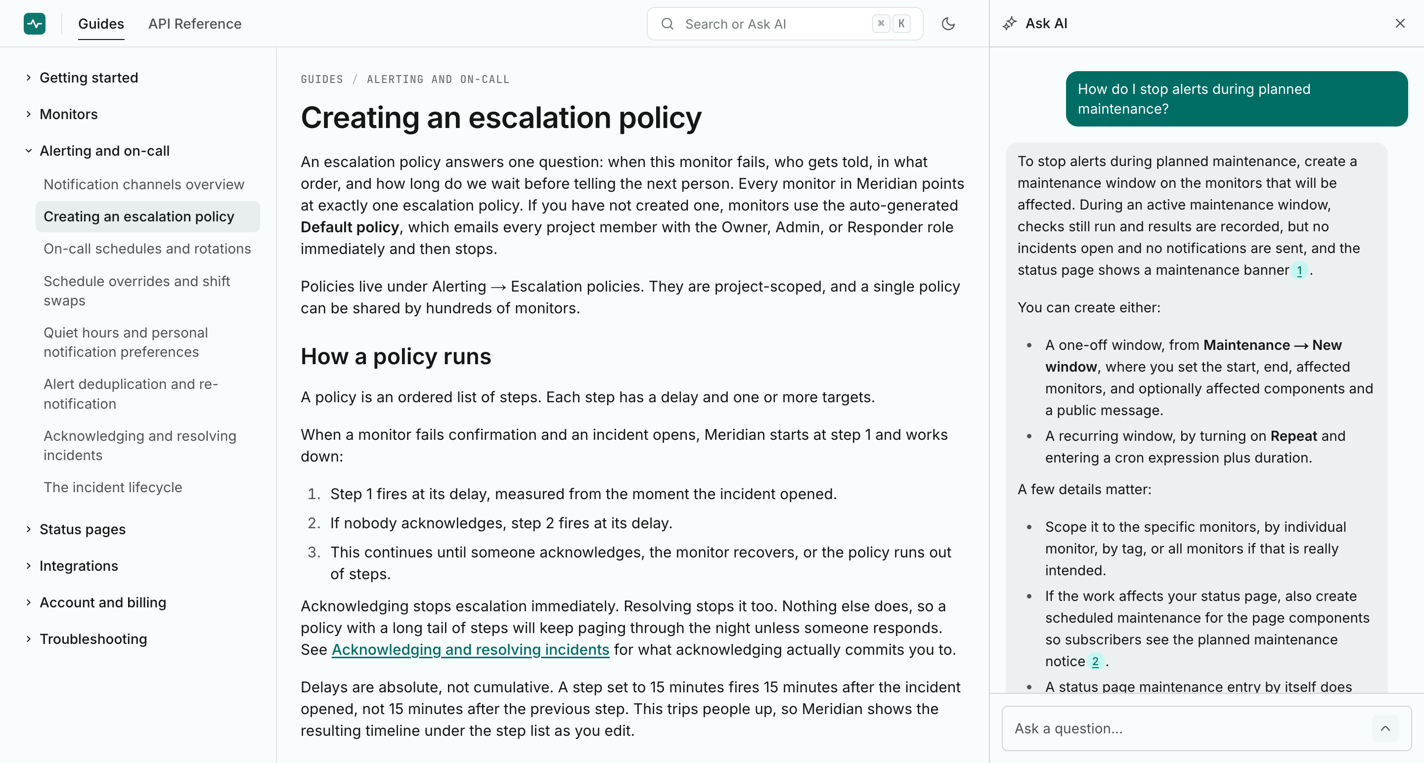 The Ask AI panel beside an article, answering with numbered citations