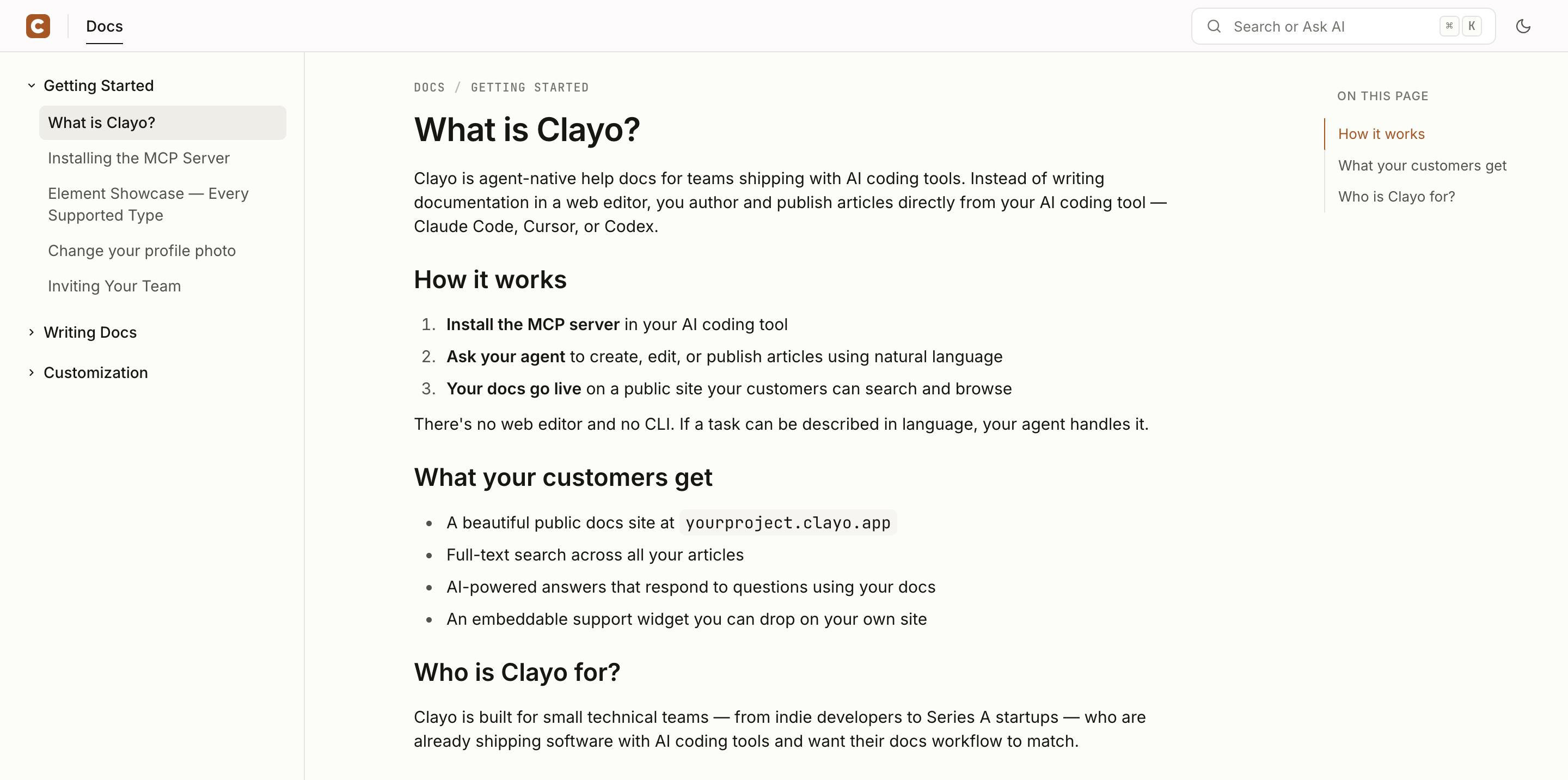A published Clayo docs site showing an article with sidebar navigation, search, and an on-page table of contents