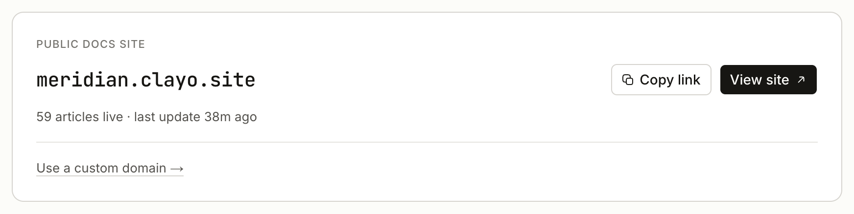 The Public docs site card showing the live URL and article count