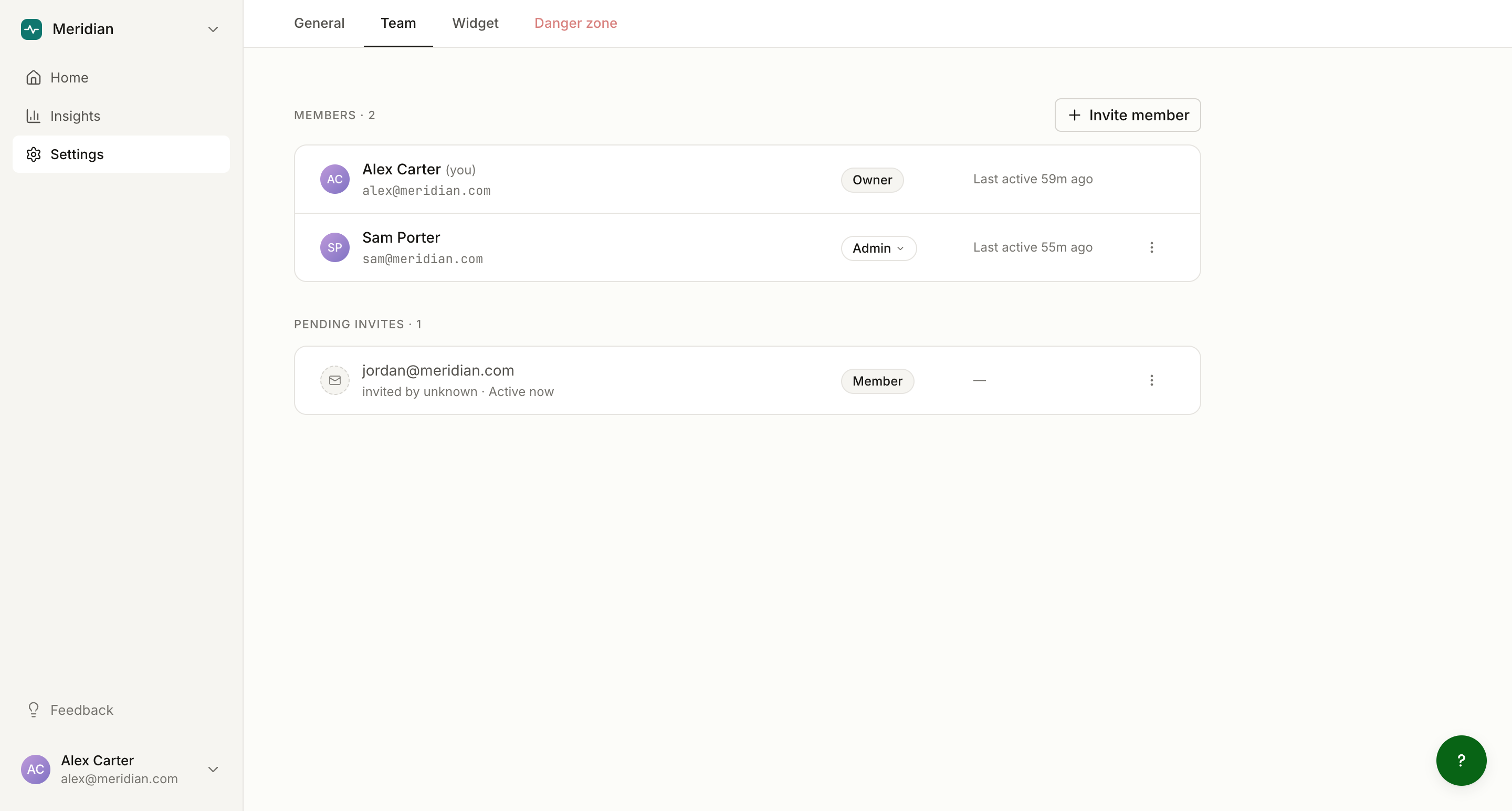 The Team page with members and a pending invitation