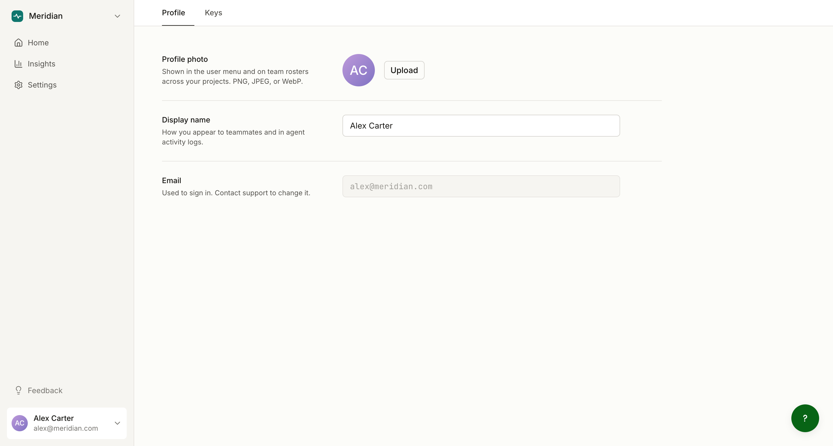 The account profile page with display name, photo, and email