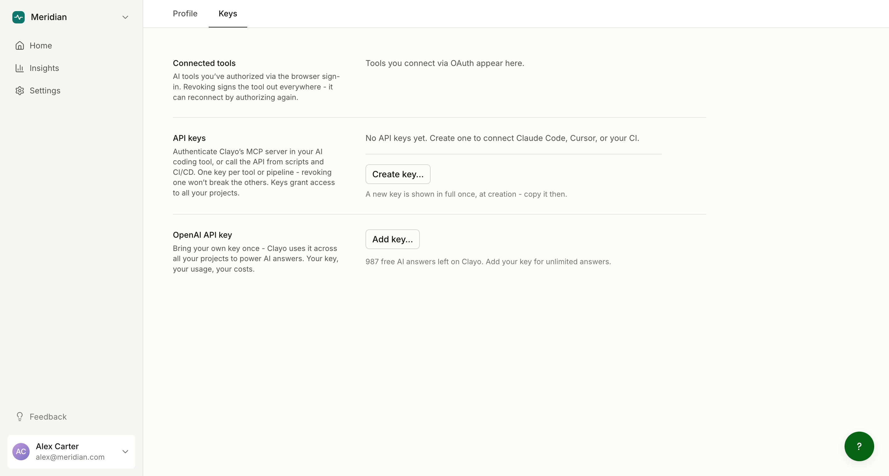 The Keys page with the OpenAI key row and API keys section