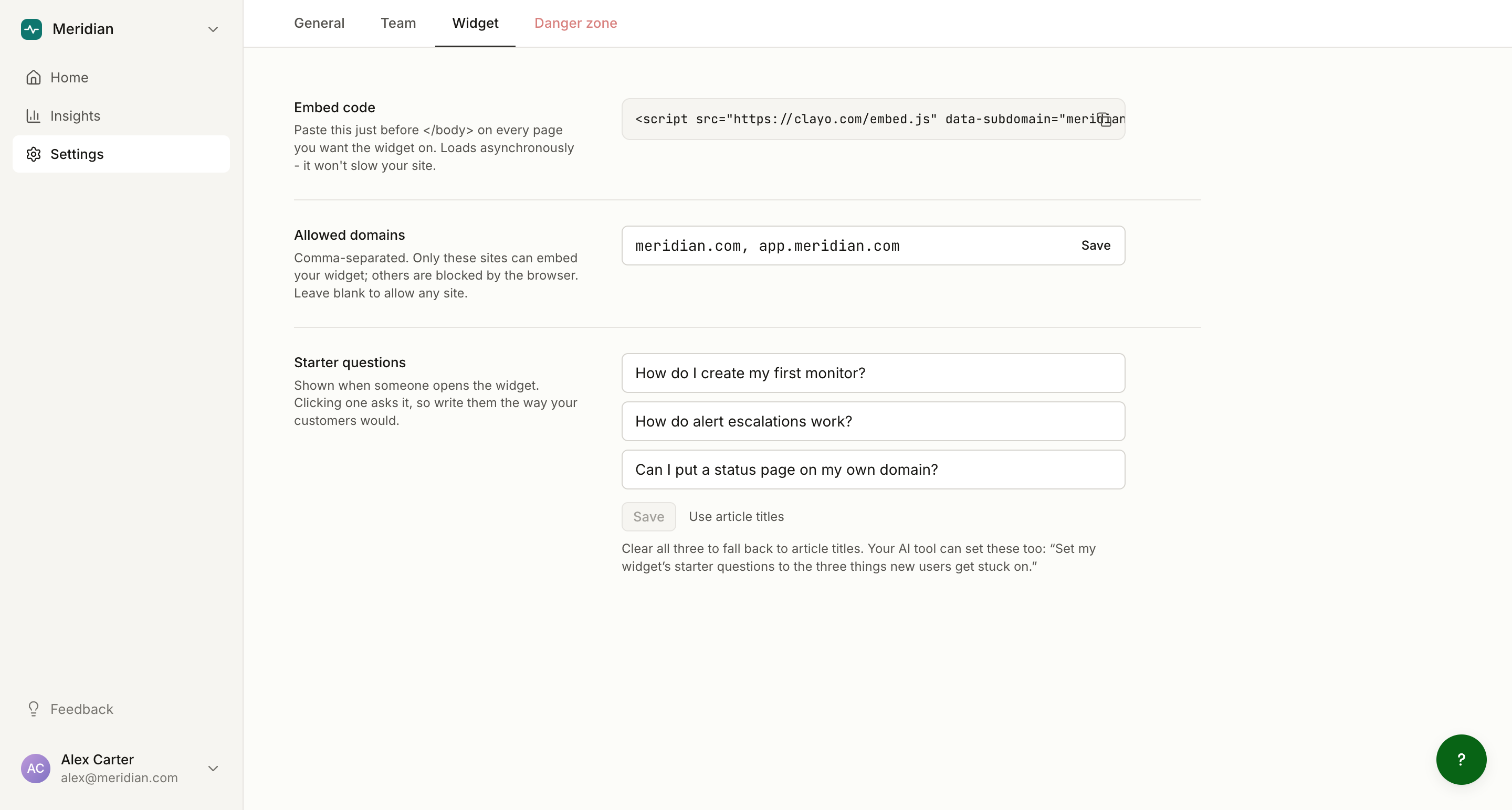 Widget settings with embed code, allowed domains, and starter questions