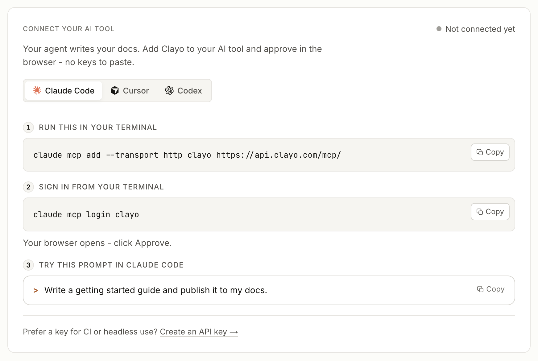 The Connect your AI tool card with install tabs for Claude Code, Cursor, and Codex