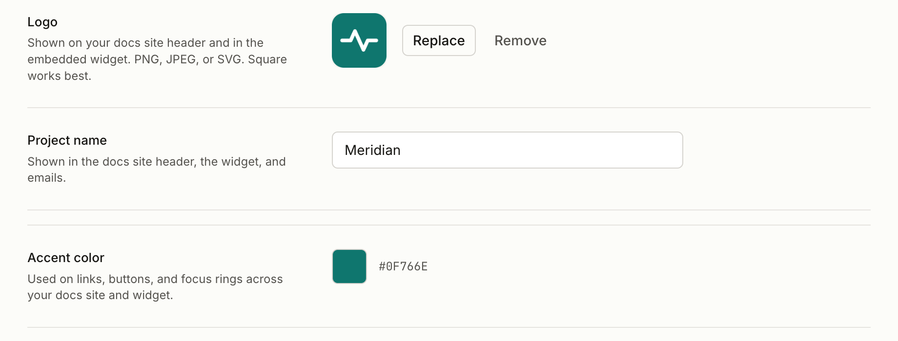 General settings with logo, project name, and accent color