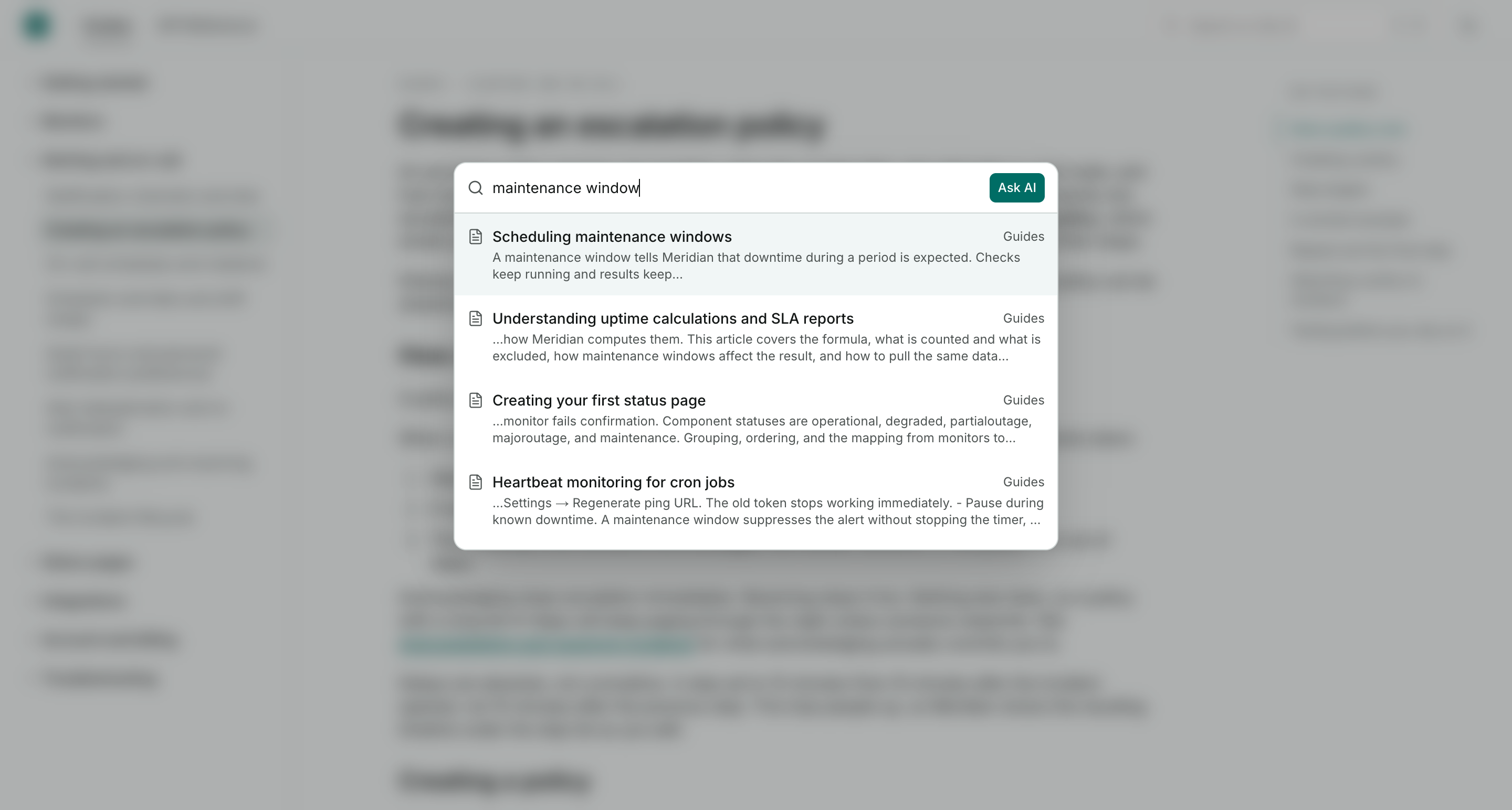 The search dialog with results and snippets for a query