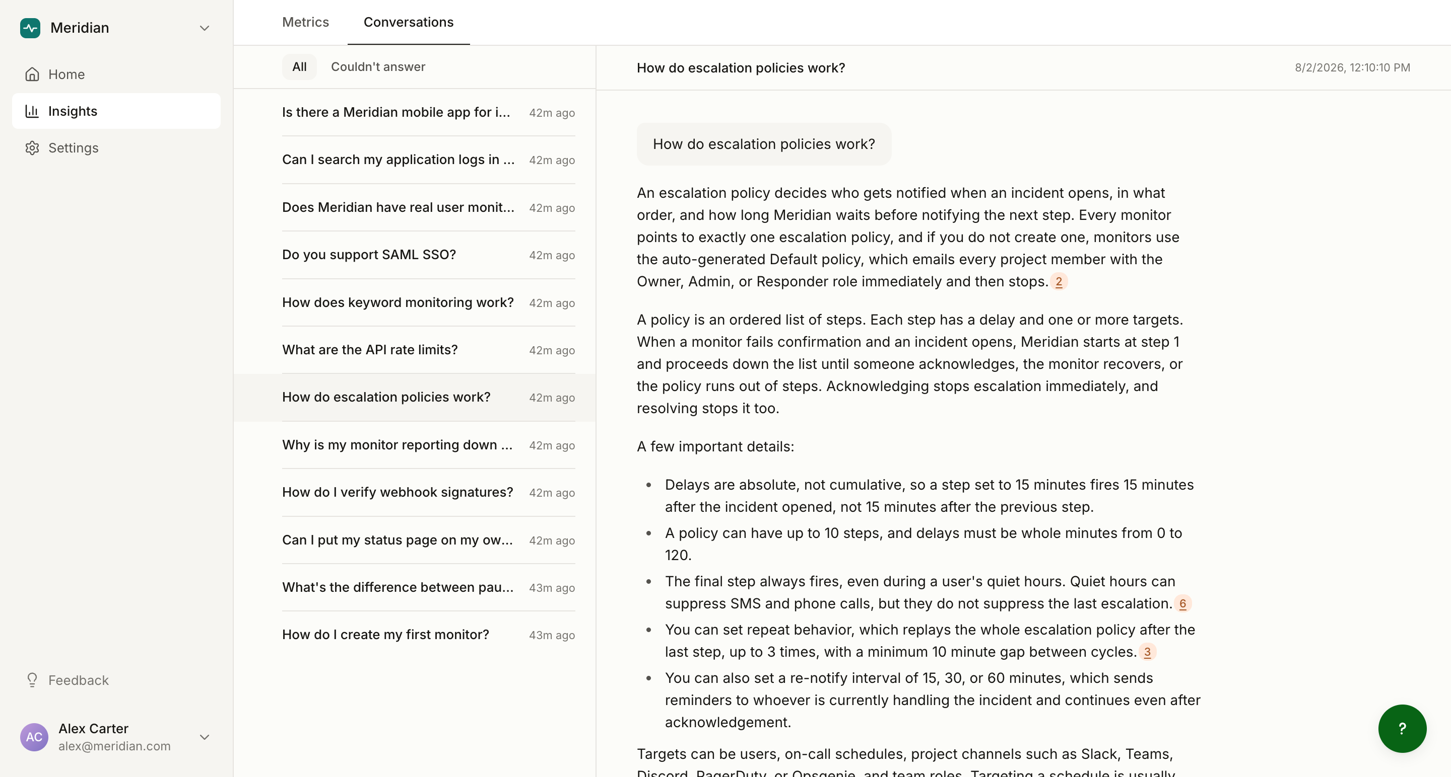 The Conversations tab with a transcript open